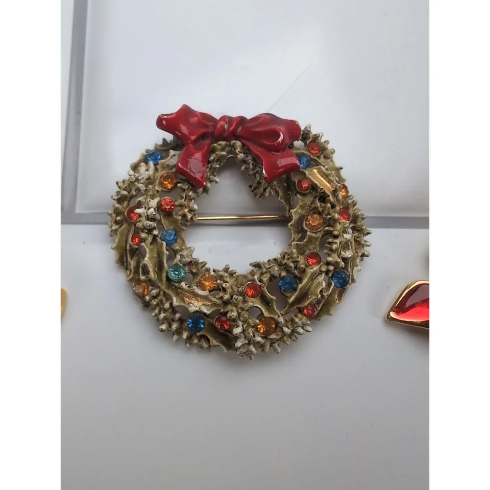 Vintage Lot Of 3 Christmas Enamel & Rhinestone Brooches, Monet/Art/DaneCraft